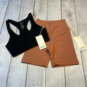 Mate the Label Womens Organic Stretch Sports Bra & Biker Short Set XS Black/Rose